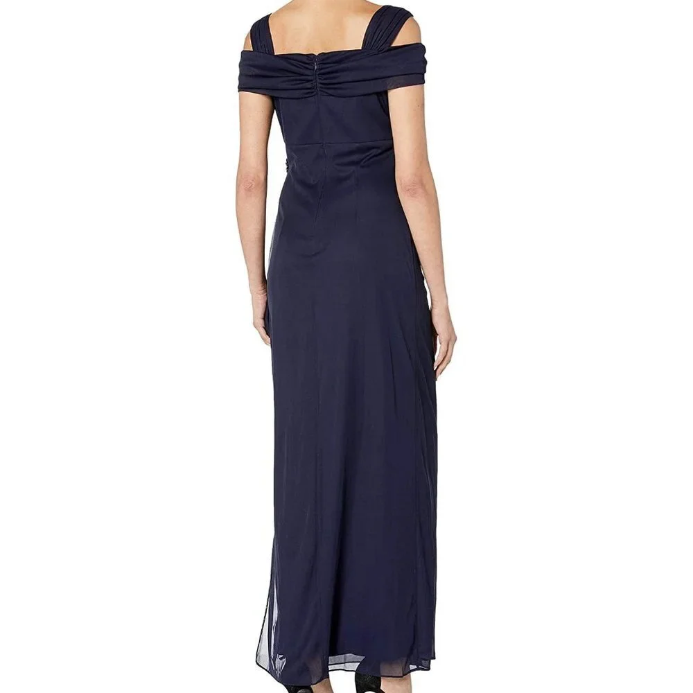 Alex Evenings Navy Blue Cold Shoulder Ruffle Gown - Picture 3 of 3